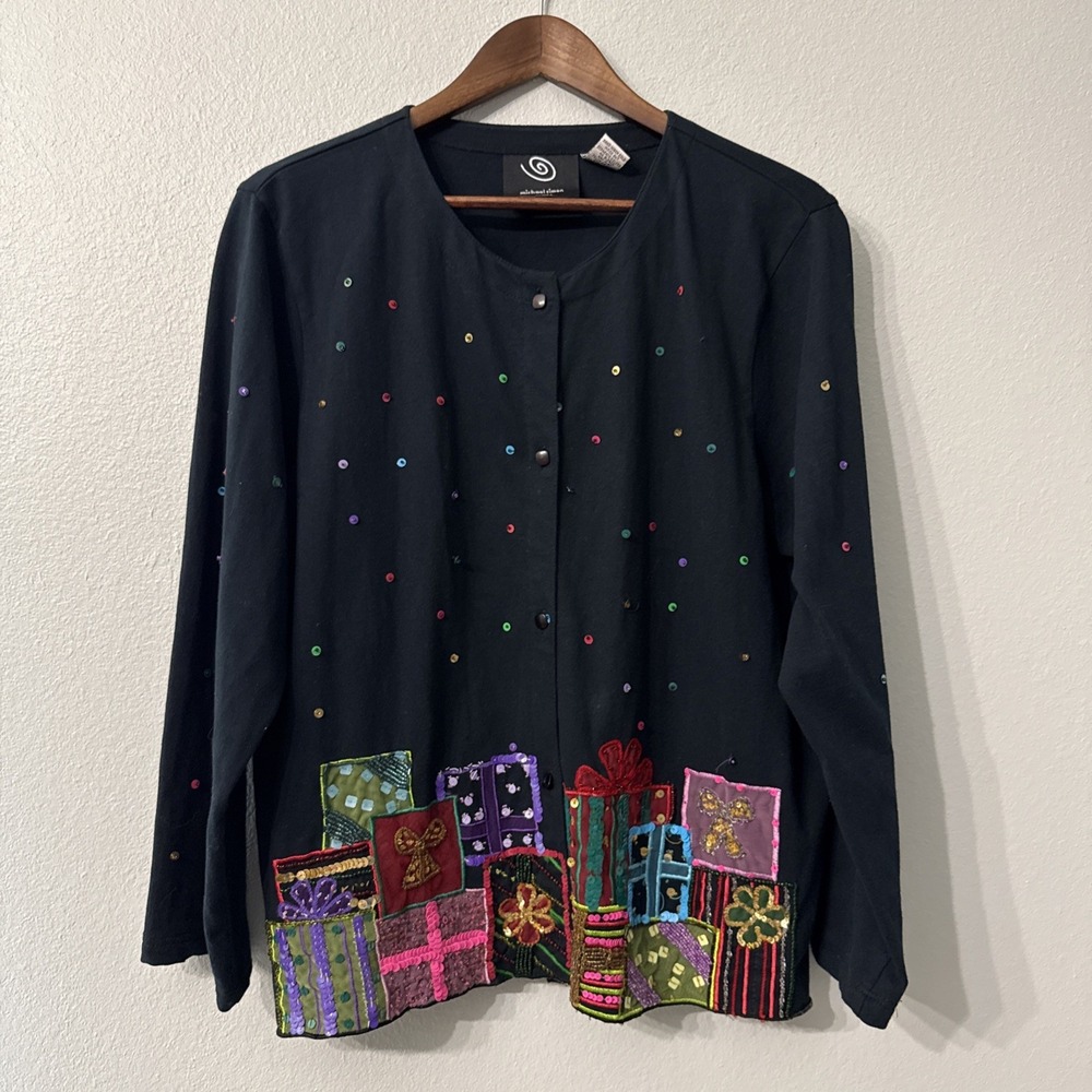 Michael Simon Event Cardigan women's XL black festive Christmas gift sequins bow
